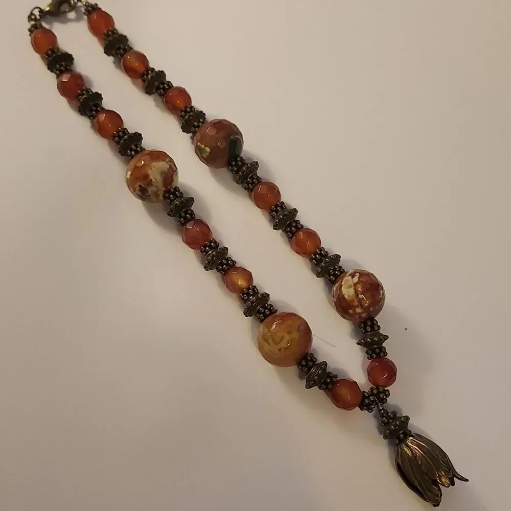 Handmade boho necklace beaded rust brown and bronze collar charm pendant